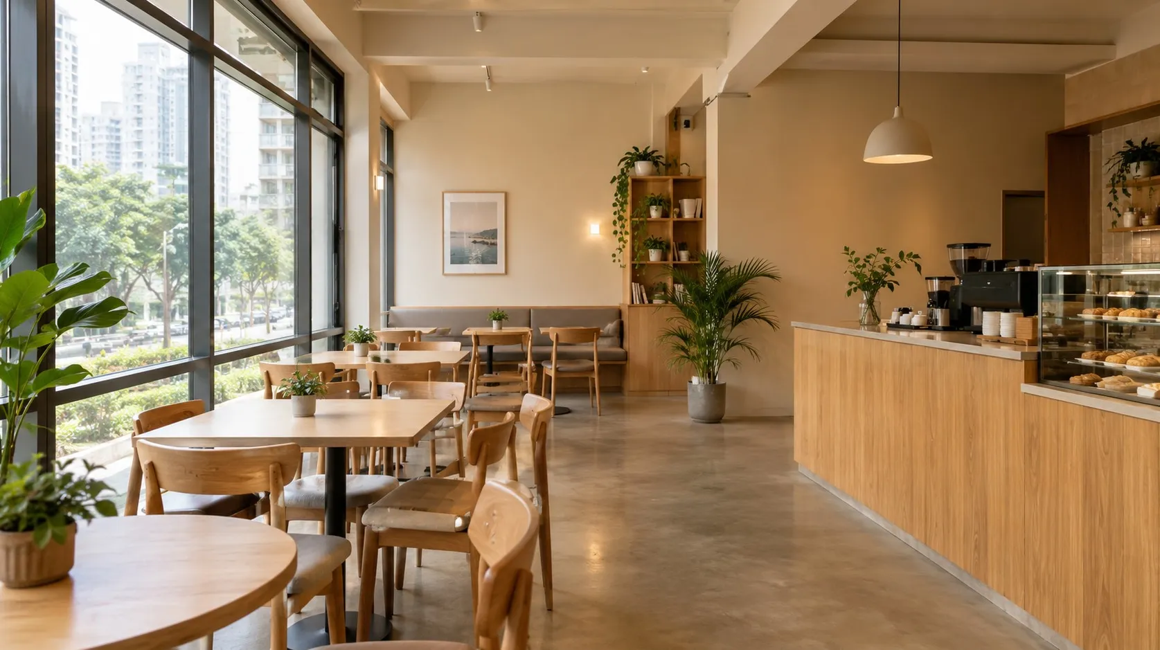 Concept visual of a modern cafe interior in Mumbai with light wood furniture and natural light